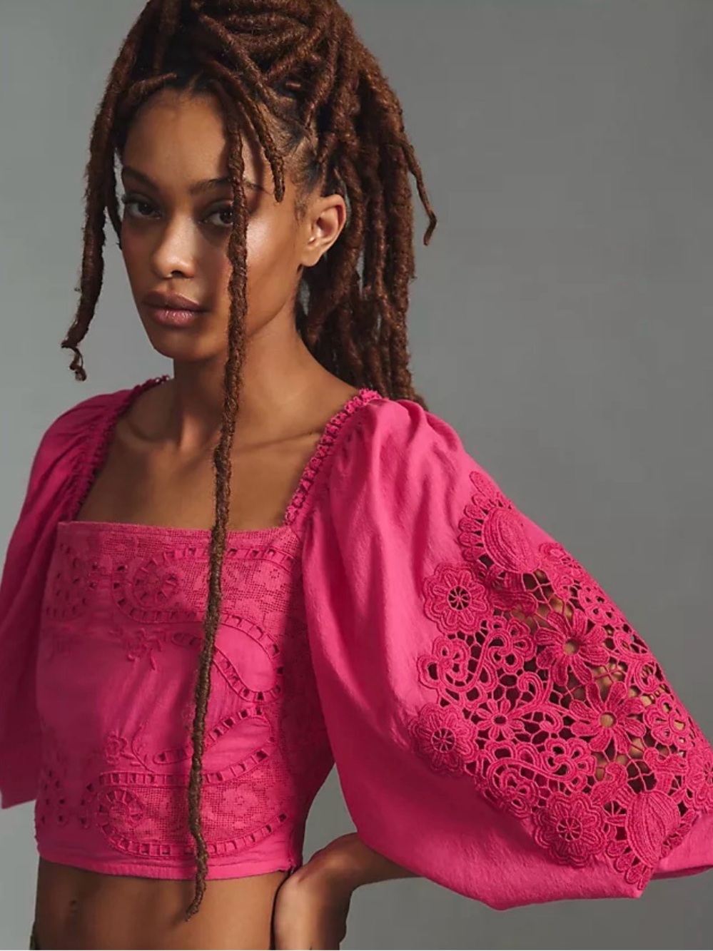 FARM Rio Hot Pink Crochet Puff Sleeve Crop Top, Size Small